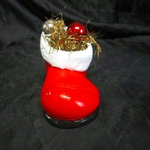 VINTAGE 80'S CERAMIC SANTA BOOT, HAND PAINTED RED WITH WHITE TRIM, CLEAN & BRIGH